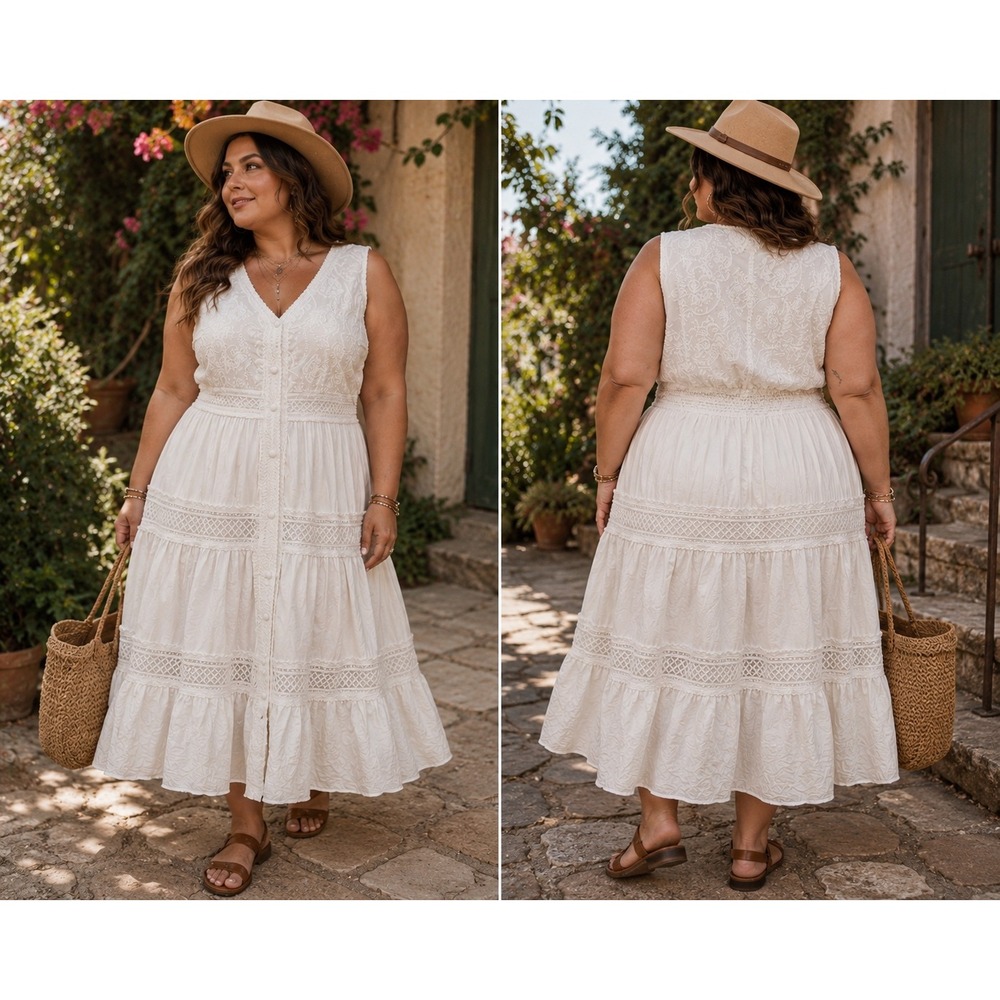 Ana & Rose White Embroidered Lace Tiered Midi Dress 3X Sleeveless Cottagecore